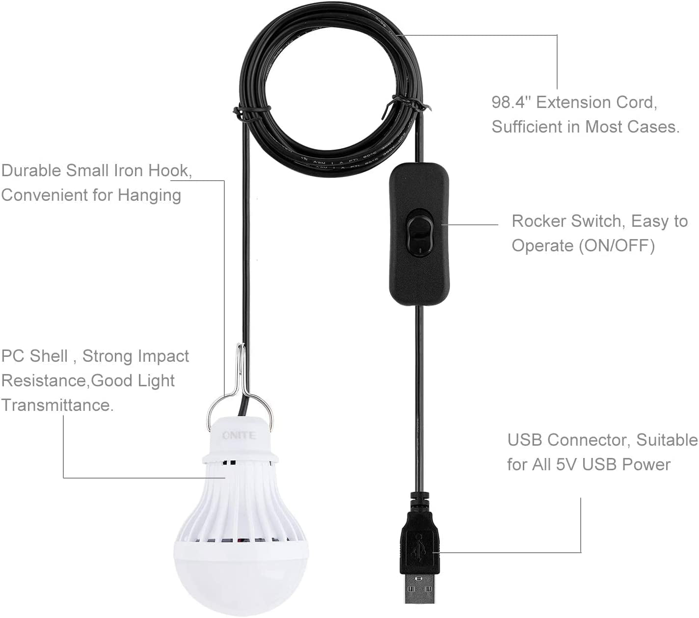 USB LED Light Bulb, 5W Warm White Camping Lantern, Portable Solar Powered Outdoor Light, Essential Hiking Survival Gear, USB Lamp for Backyard, Garage, Van, Tent, and Power Stations