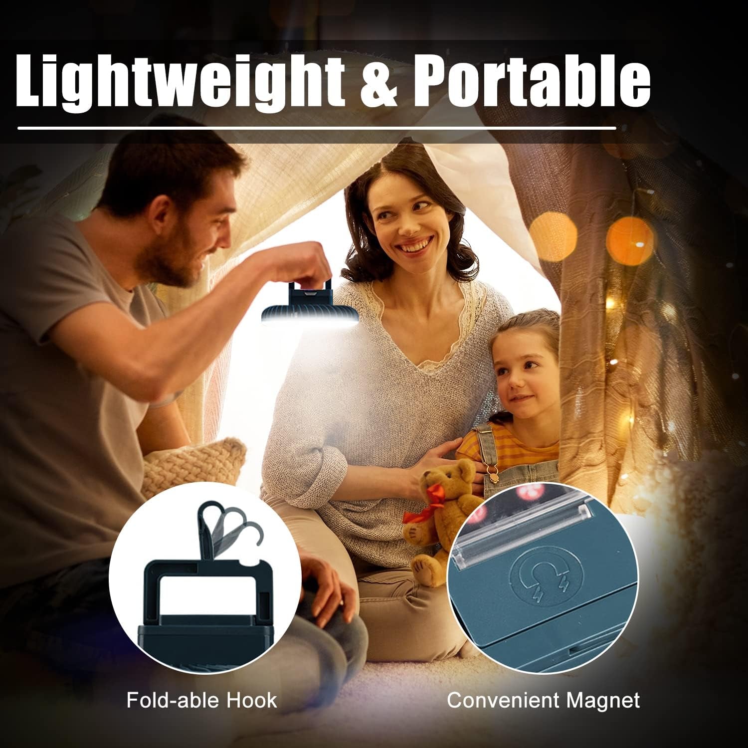 Portable Camping Fan with LED Lantern  USB Rechargeable Waterproof Tent Fan with Hanging Hook Magnet Survival Kits for Indoor Outdoor Hiking Car Office Desk Outdoor Emergency Power Outage