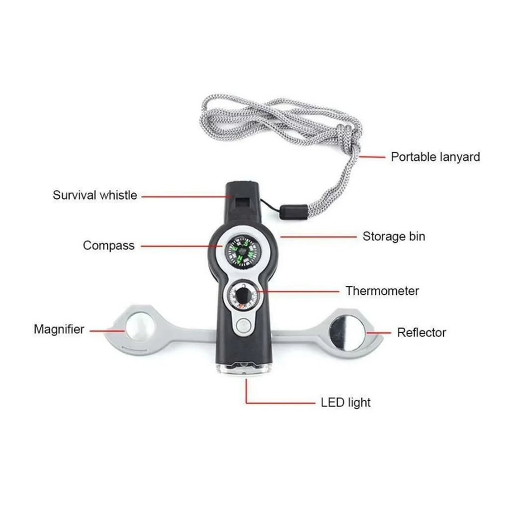 7in1 Emergency Survival Hiking Safety Whistle & Magnifier Flashlight Compass Outdoor Tools