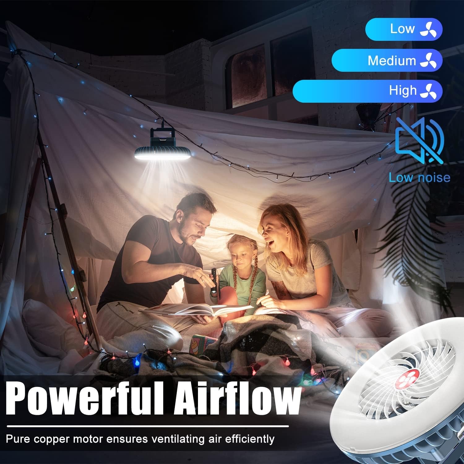Portable Camping Fan with LED Lantern  USB Rechargeable Waterproof Tent Fan with Hanging Hook Magnet Survival Kits for Indoor Outdoor Hiking Car Office Desk Outdoor Emergency Power Outage