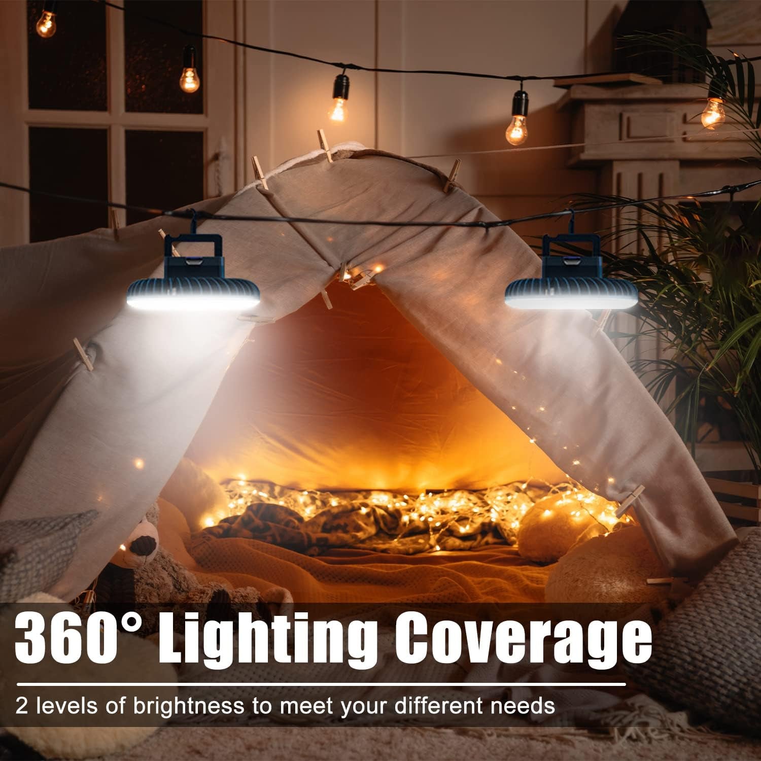 Portable Camping Fan with LED Lantern  USB Rechargeable Waterproof Tent Fan with Hanging Hook Magnet Survival Kits for Indoor Outdoor Hiking Car Office Desk Outdoor Emergency Power Outage